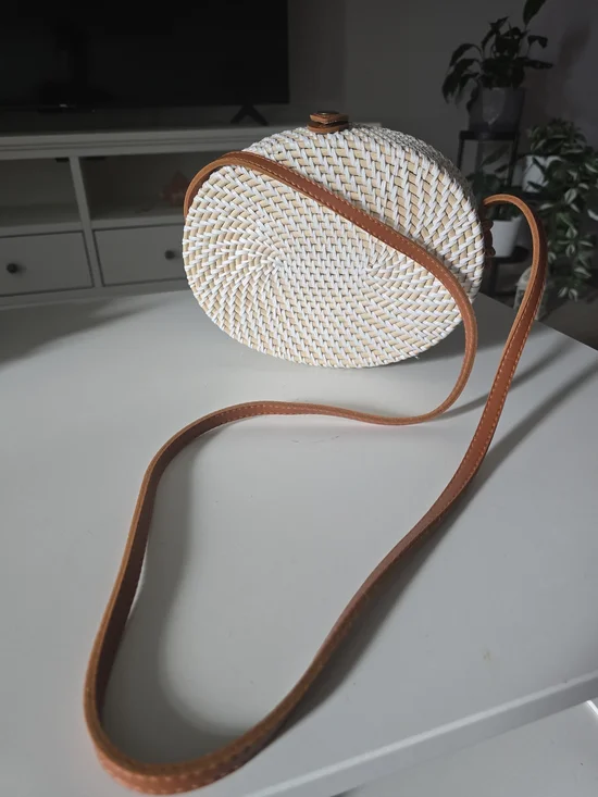 Woven Round Crossbody Bag in White and Tan - Picture 1 of 6
